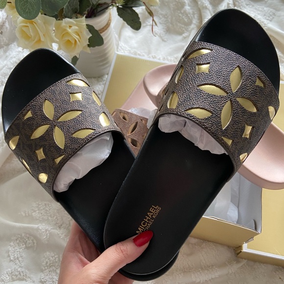 Michael Kors Shoes - Michael Kors monogram brown sandals size 8 New in box gold floral pattern